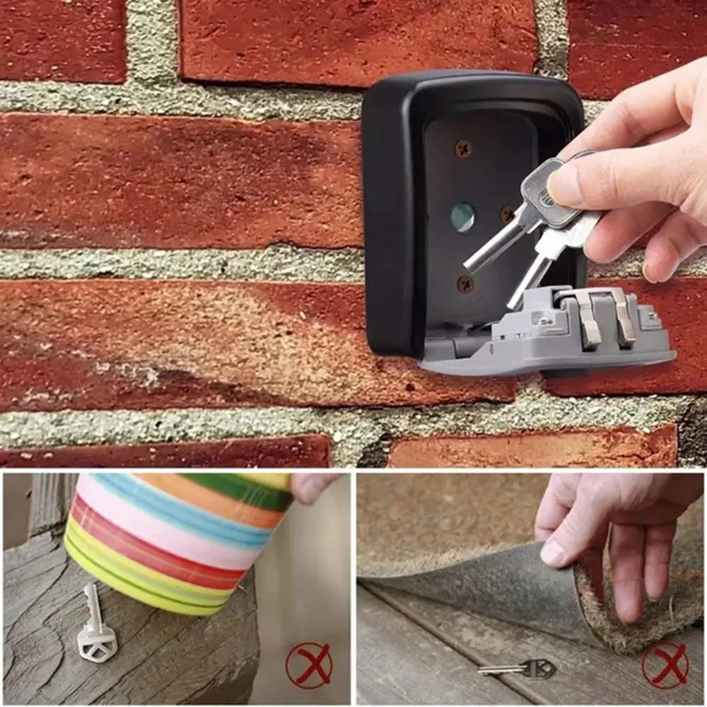 Black metal wall-mounted key lock box with combination dial, shown being used to store keys on a brick wall.