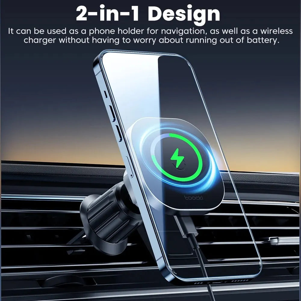 Black 2-in-1 car air vent mount and magnetic wireless charger holding a smartphone with a glowing green charge icon.
