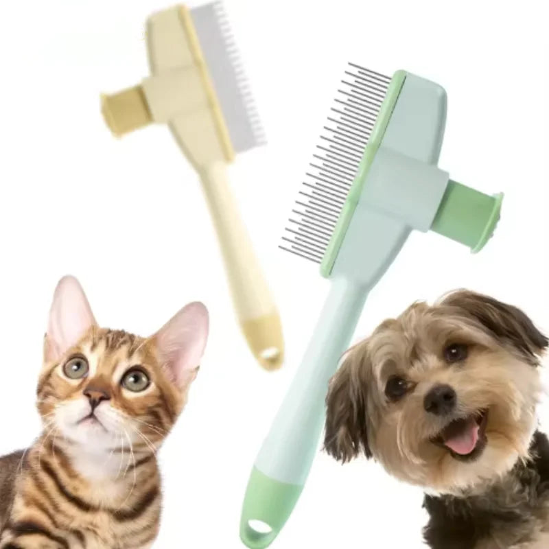 Cream and light green pet grooming rakes for dogs and cats, featuring metal teeth and long ergonomic handles.