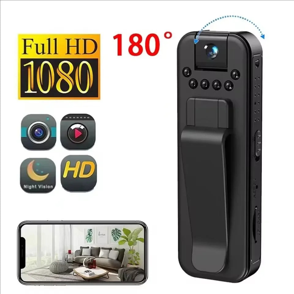 Black plastic portable body camera with 180-degree rotating lens, clip, night vision, and 1080p video recording.