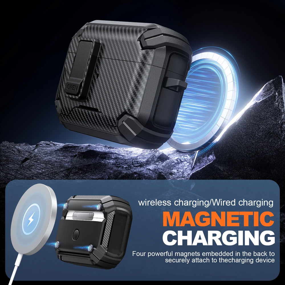 Rugged carbon fibre-style magnetic charging case for AirPods in black. Supports wireless and wired charging.