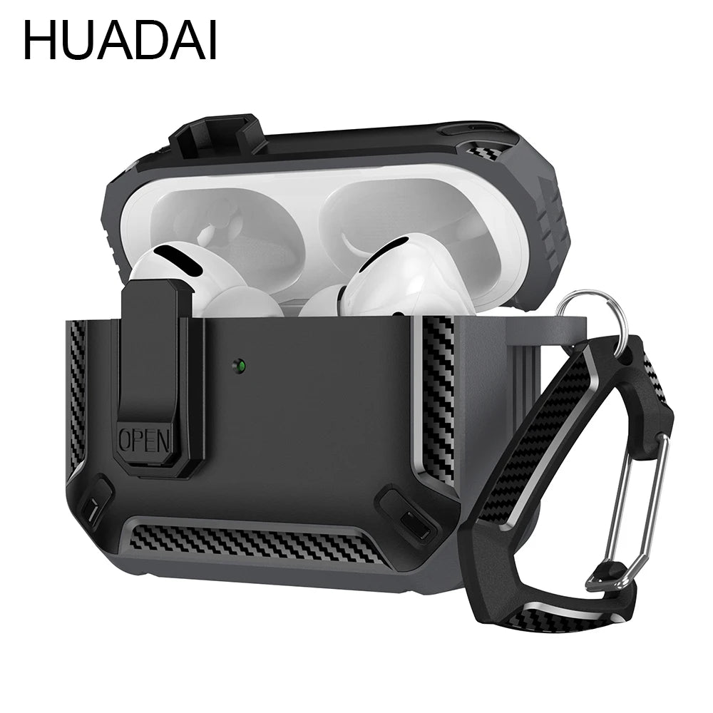 Rugged black carbon fibre-style case for AirPods Pro with a secure latch and carabiner clip.