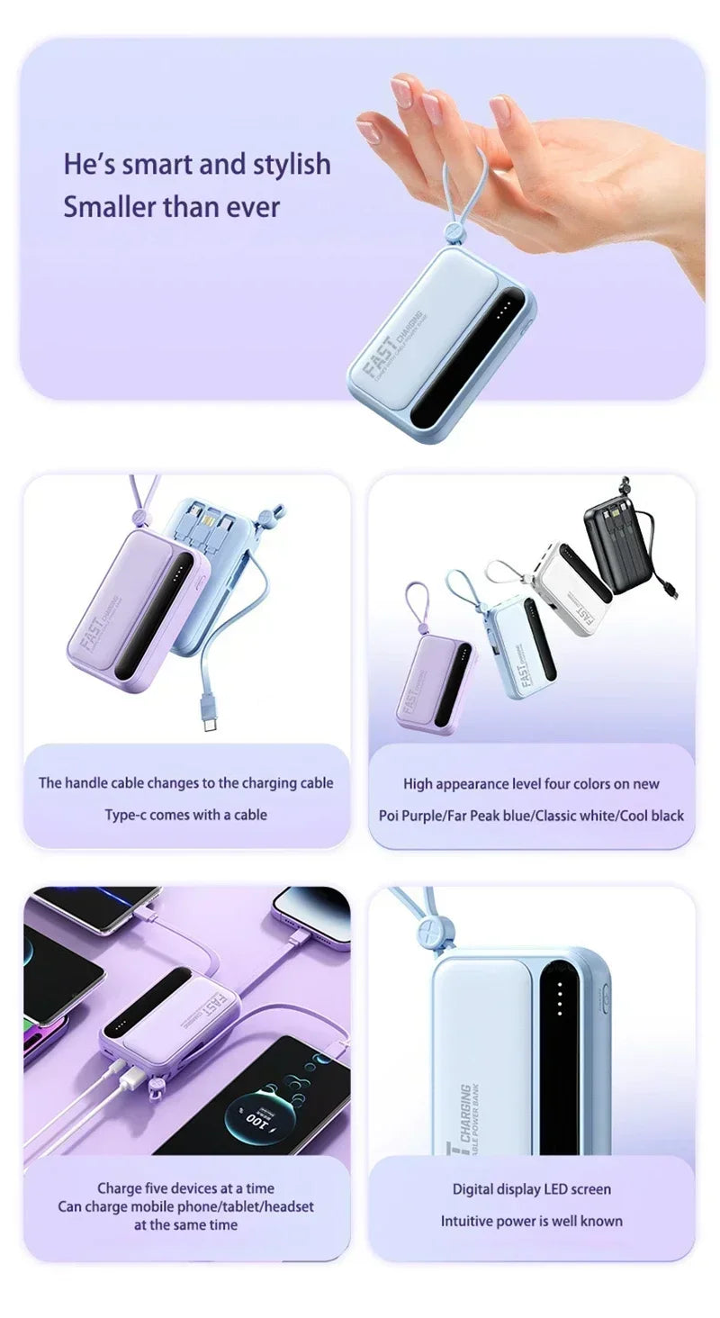Compact, portable power bank with built-in cables, digital LED display, and carry strap. Available in four colours.