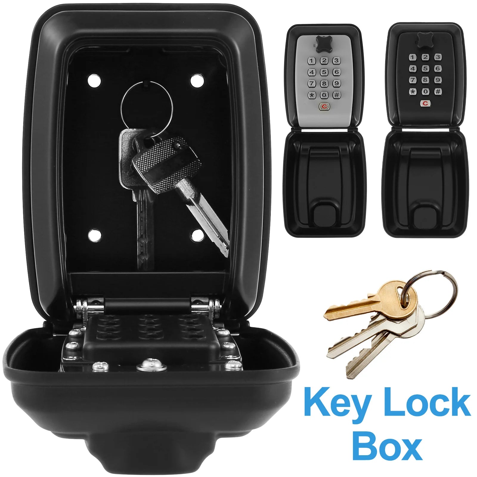 Black metal wall-mounted key lock box with a push-button digital keypad, shown open and closed with keys.