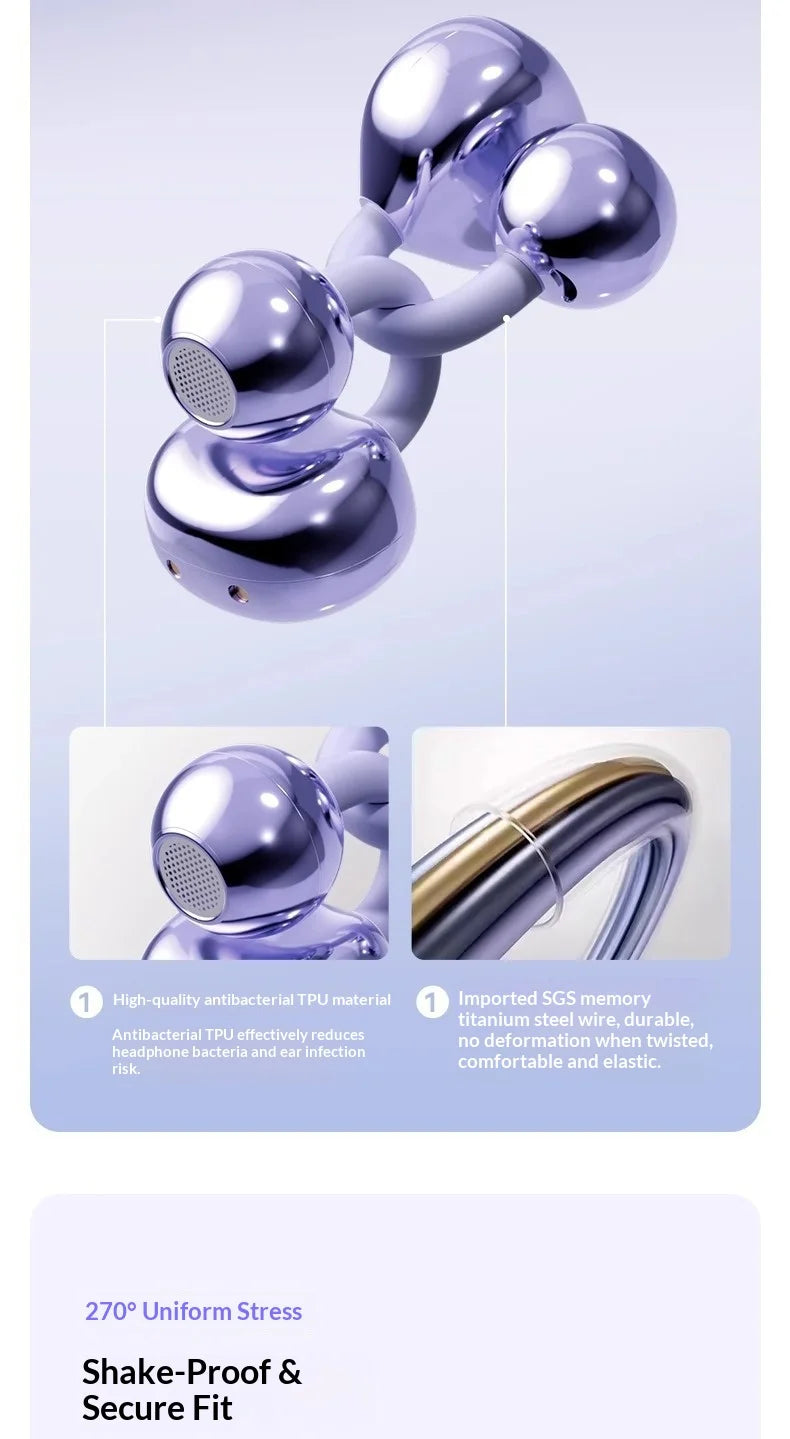 Metallic purple, glossy open-ear headphones with a flexible, durable titanium memory wire frame.