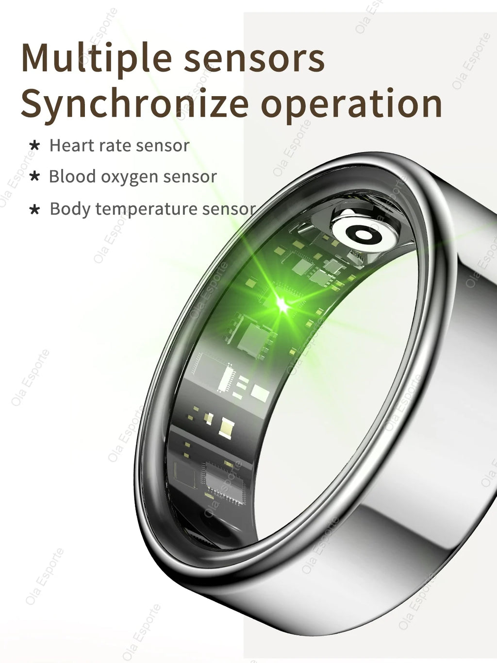 A sleek, polished silver smart fitness ring showing interior health sensors and green LED monitoring light.