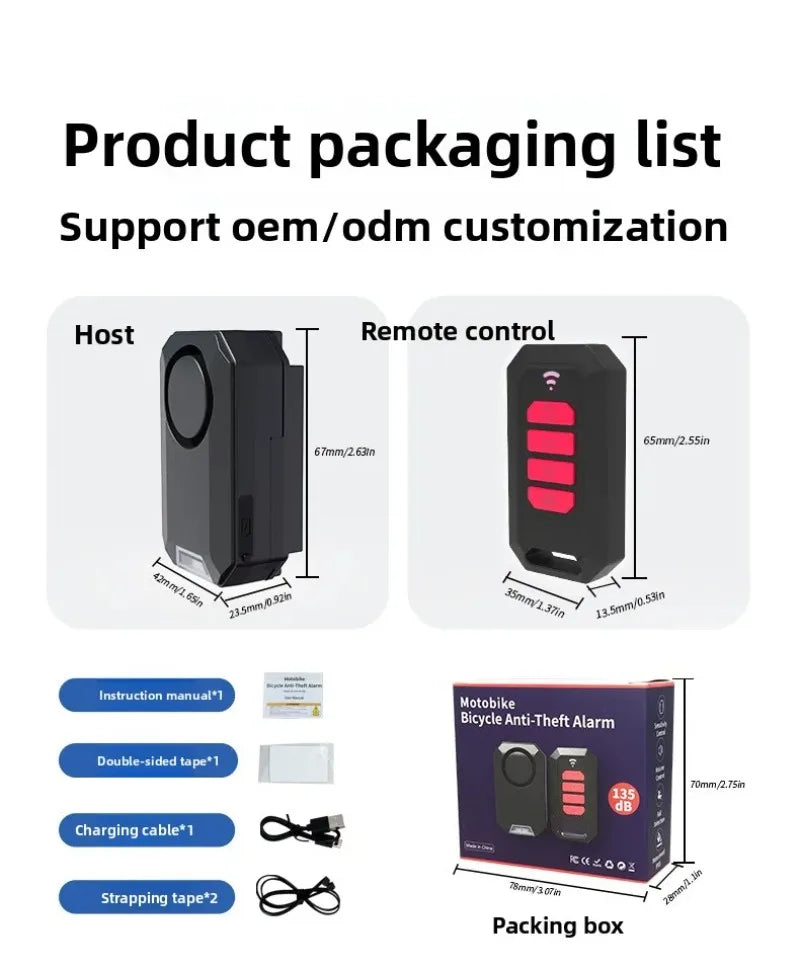 Black bicycle anti-theft alarm set with host, remote control, manual, tape, charging cable, and packaging box.