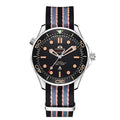 Men's stainless steel automatic watch with a black dial, rotating bezel, and striped black and blue fabric strap.