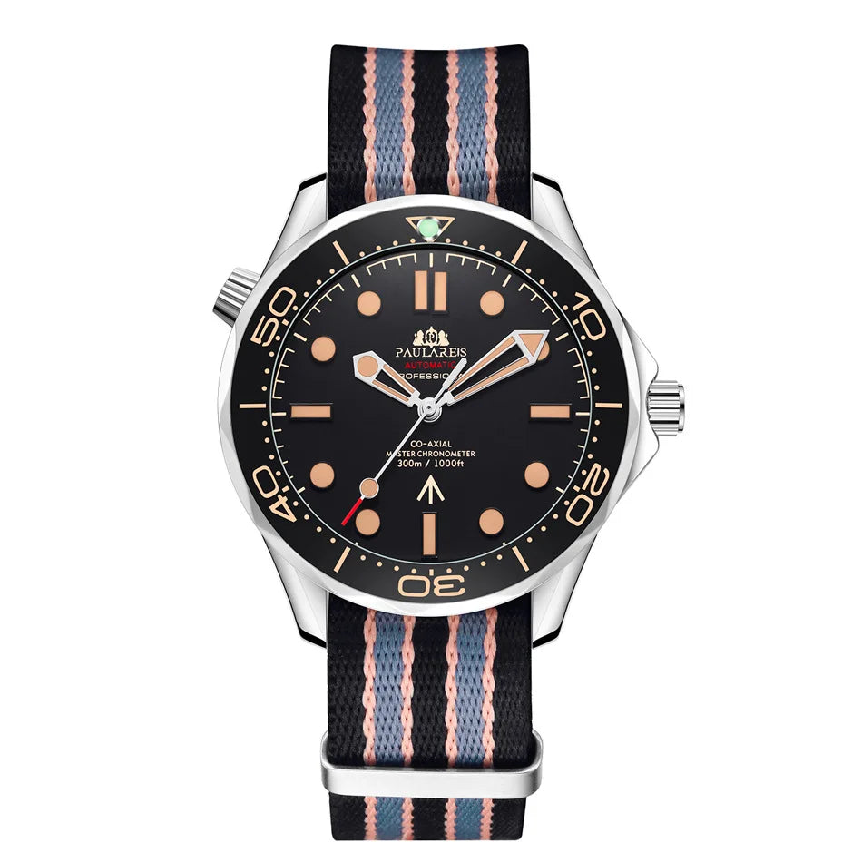 Men's stainless steel automatic watch with a black dial, rotating bezel, and striped black and blue fabric strap.