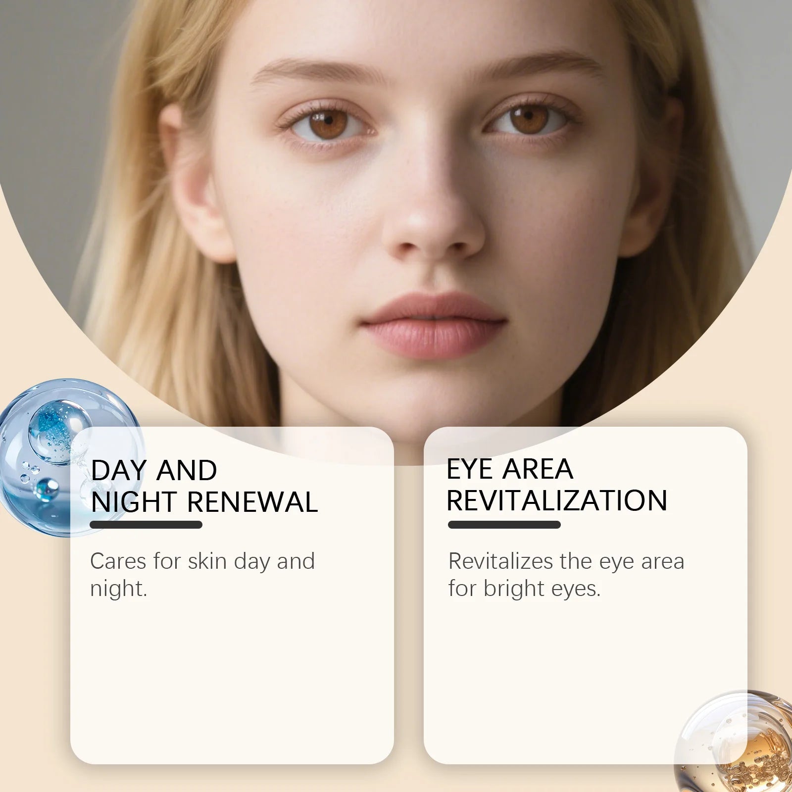 Close-up of a woman's face with text boxes describing day/night skin renewal and eye area revitalization benefits.