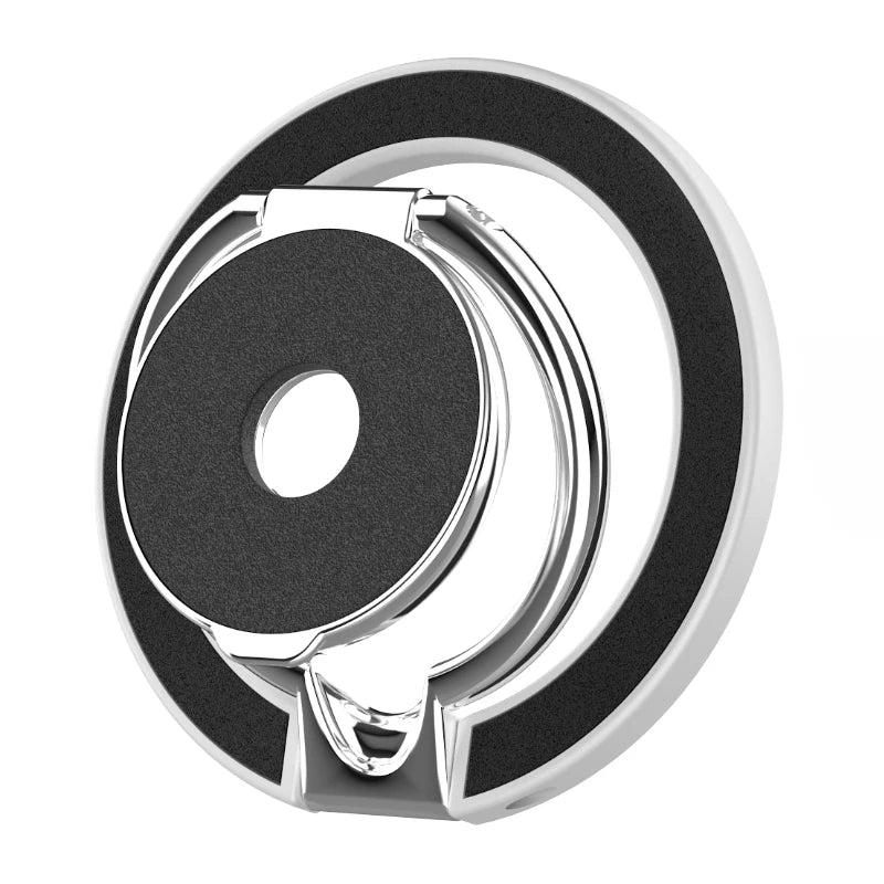 Circular magnetic phone ring holder with a shiny chrome finish and black textured grip pads on a white background.