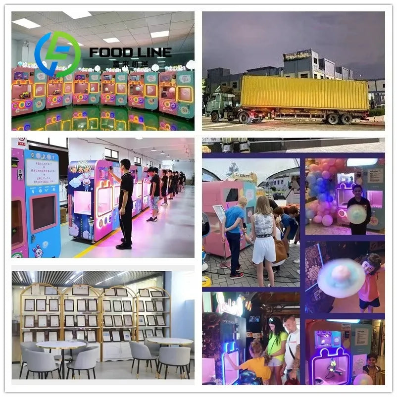 Colorful vending machines in blue, pink, and yellow with illuminated displays, shown in factory and use.