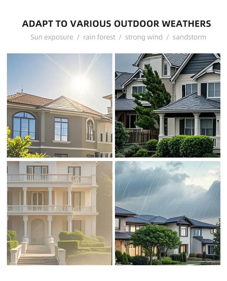 Four images showing modern houses in diverse weather, including sun, rain, and wind, demonstrating outdoor durability.