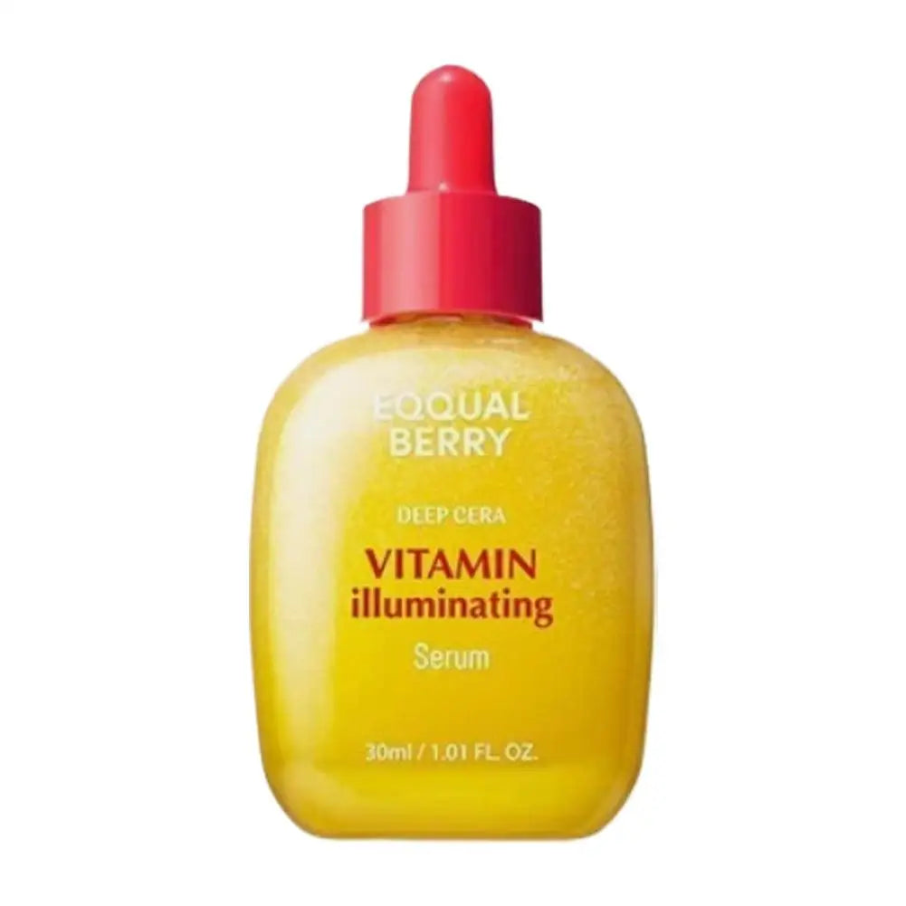 Yellow 30ml illuminating vitamin face serum in a glass bottle with a bright red dropper cap.