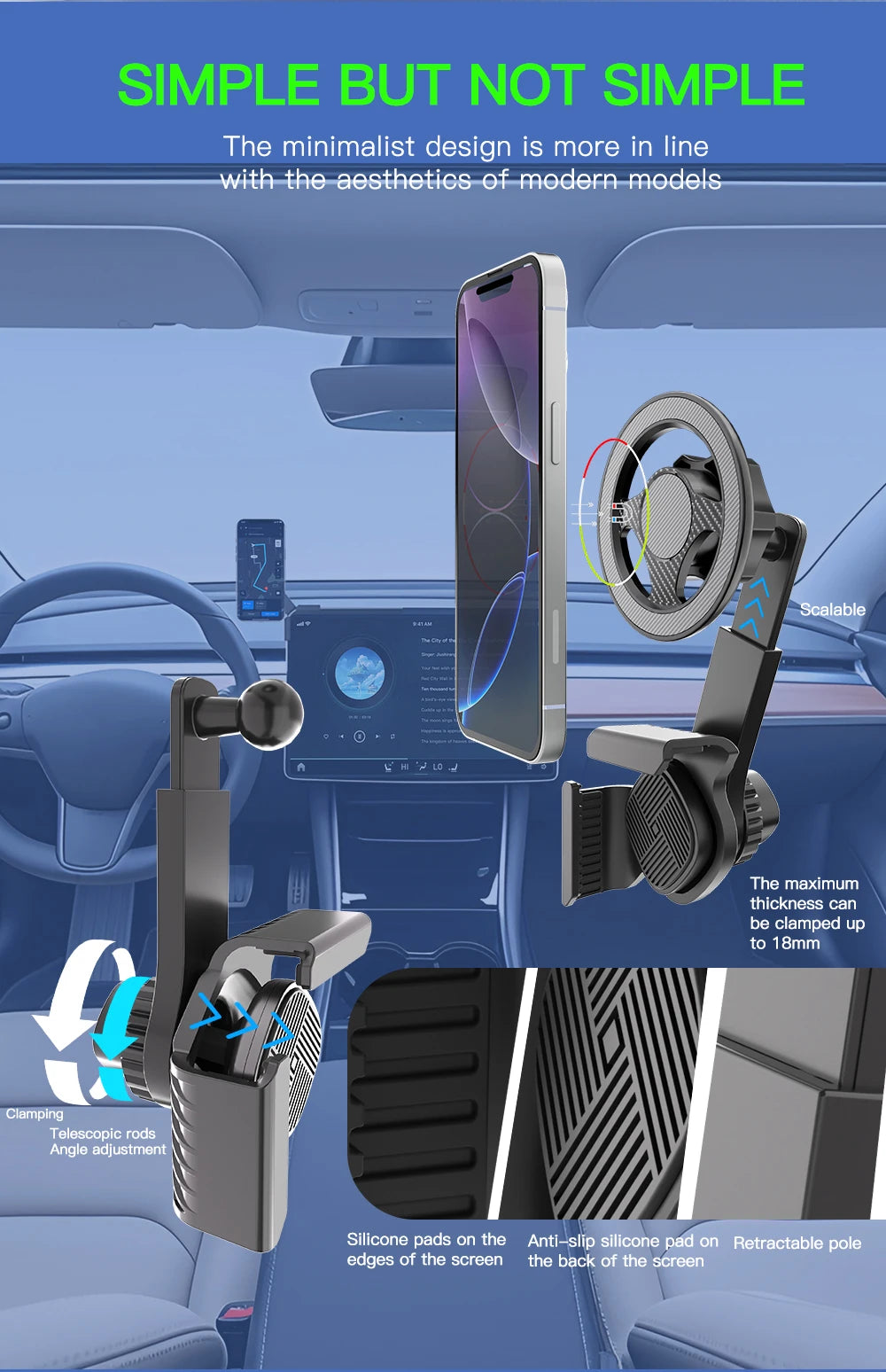 Black, adjustable car phone mount for screen-edge attachment, featuring a minimalist design and non-slip silicone pads.