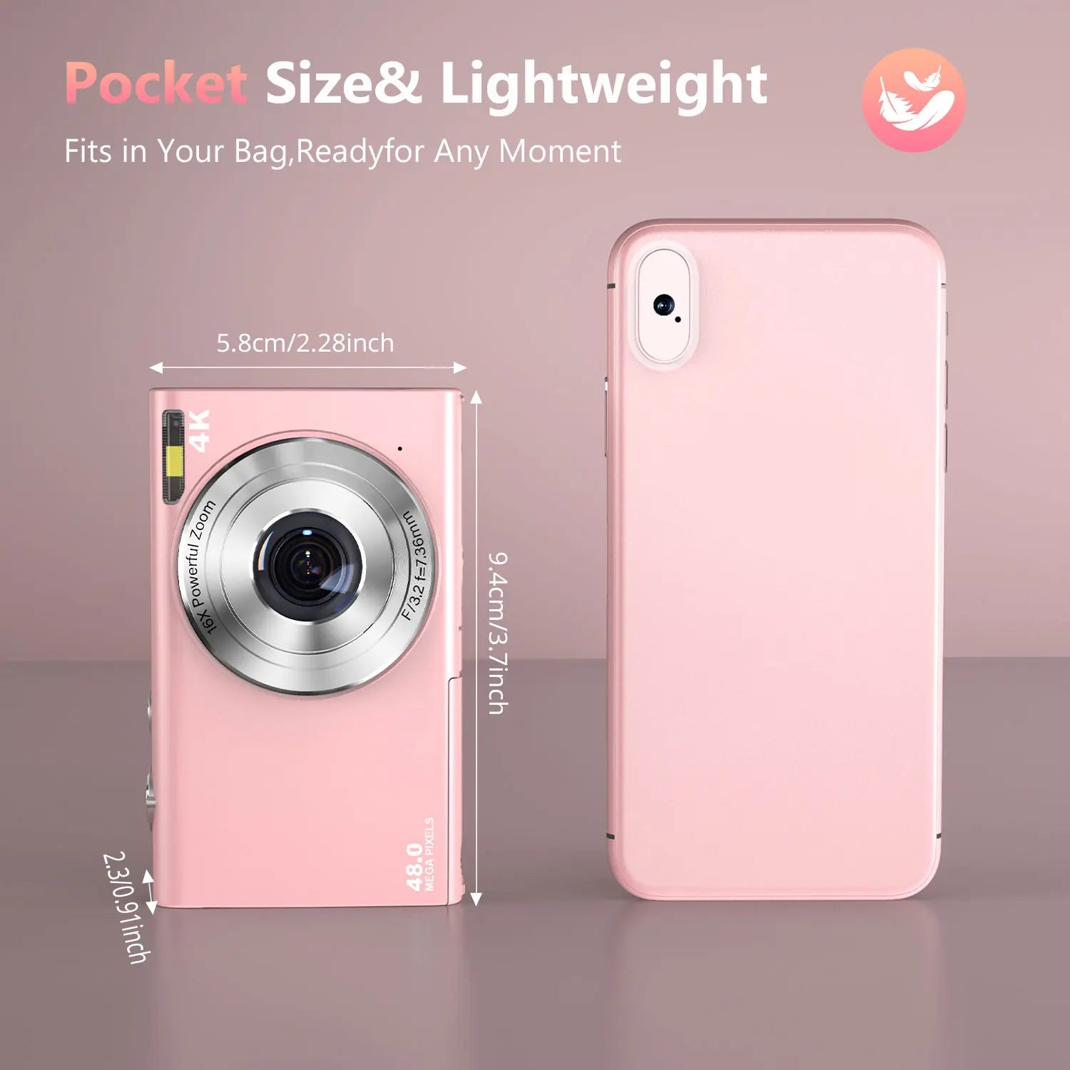 Small, pink digital camera with a 16x zoom lens, 48MP sensor, and flash, shown next to a pink smartphone.