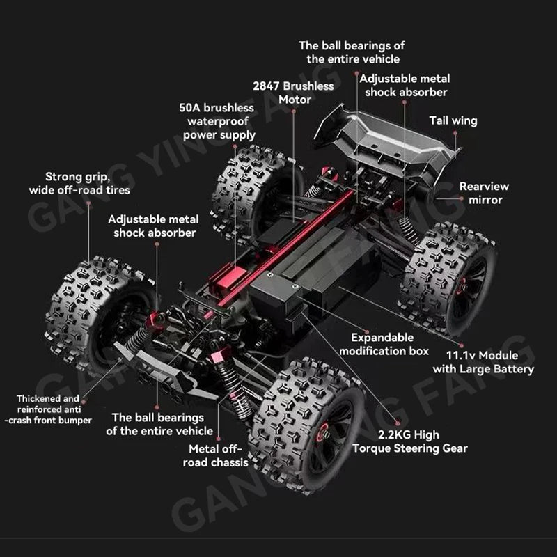 Black 4WD RC monster truck chassis diagram, showing metal shock absorbers, off-road tires, and internal parts.