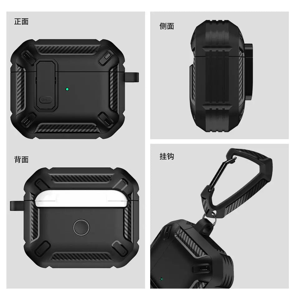 Rugged black carbon-fibre style protective case for AirPods, featuring a secure locking latch and metal carabiner clip.