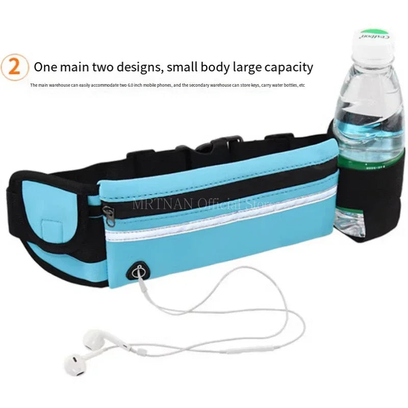 Bright blue running waist belt with a bottle holder, zip pocket, headphone port, and black adjustable strap.