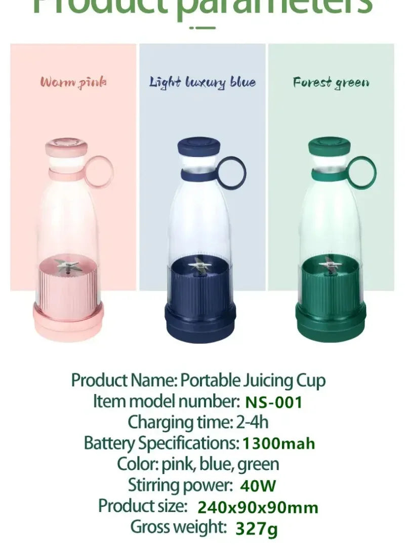 Three portable electric juicing cups in pink, blue, and green with a sleek, minimalist design and carry ring.