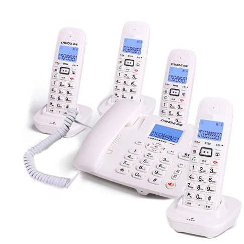 Set of four white cordless phones with charging cradles and a base unit with a corded handset and blue digital screens.