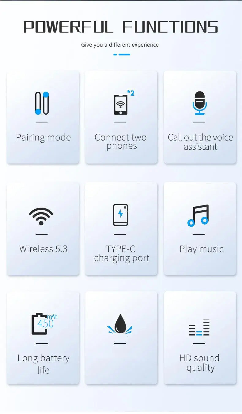 Infographic showing motorcycle headset features: Bluetooth 5.3, dual pairing, voice assistant, Type-C, and HD audio.