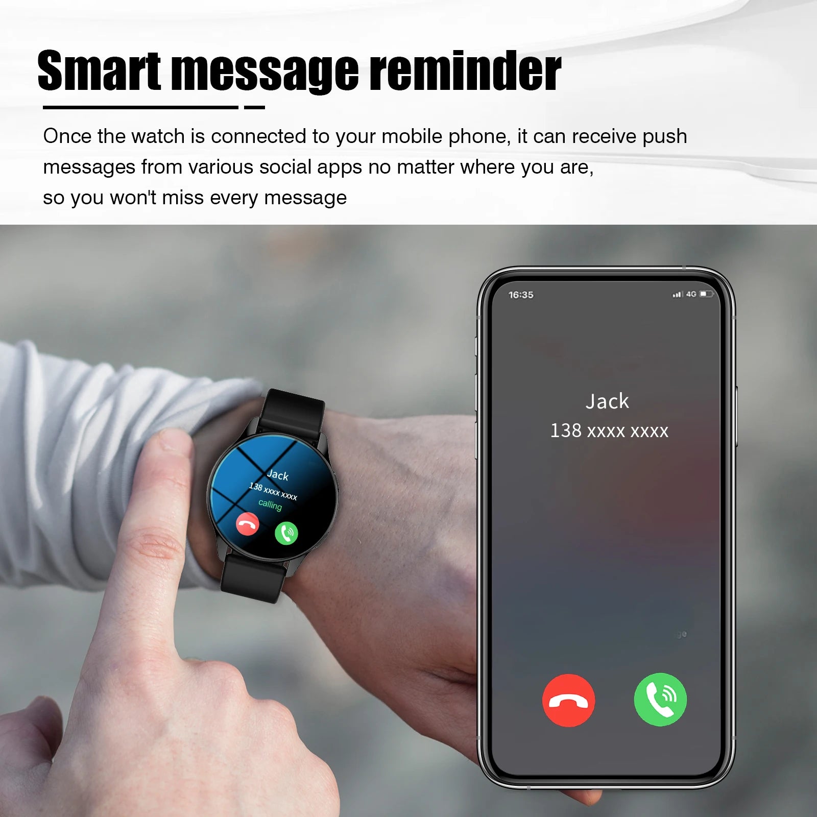 Black round multi-sport smartwatch on a wrist, showing an incoming wireless call notification on the display.