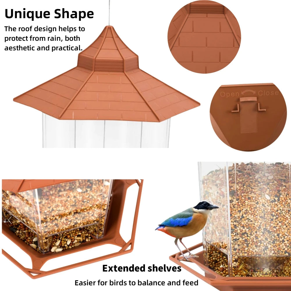 Hanging bird feeder with a brown, hexagonal roof, clear seed container, and extended feeding shelves for birds.