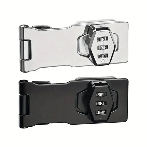 Silver and black metal latch locks with integrated three-digit combination dials.