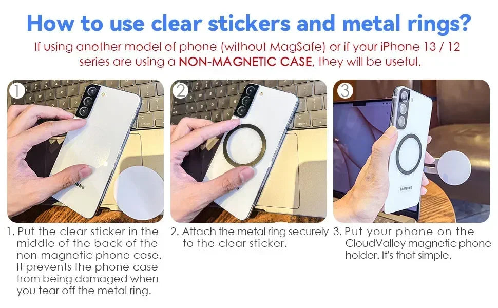Three-step guide on applying a clear protective sticker and metal ring to a phone case for magnetic accessory use.