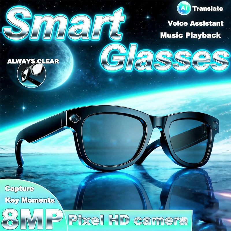 Sleek black smart glasses featuring a built-in HD camera, voice assistant, and AI translation capabilities.