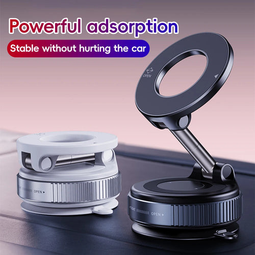 Two round, adjustable magnetic car phone mounts in white and black, with metal arms and suction bases.