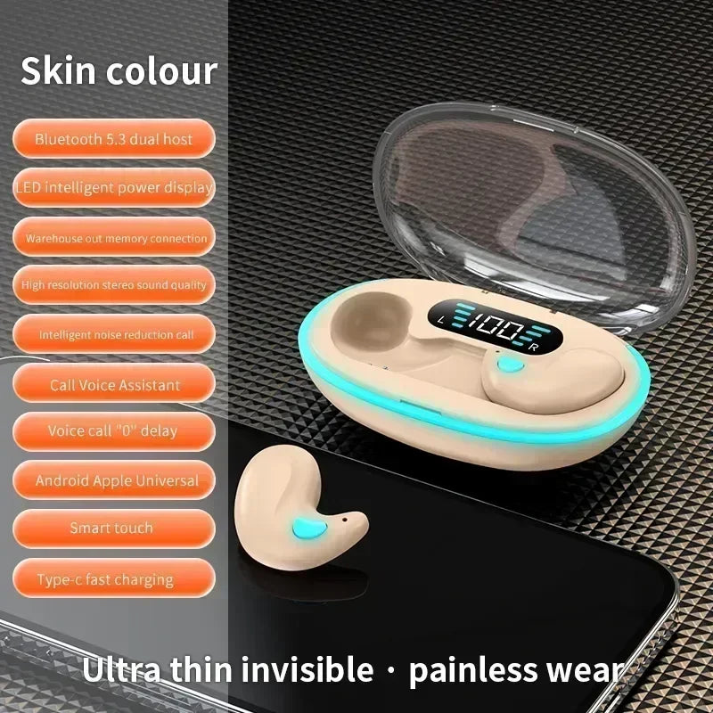 Beige wireless earbuds with a charging case featuring a transparent lid and digital LED battery display.