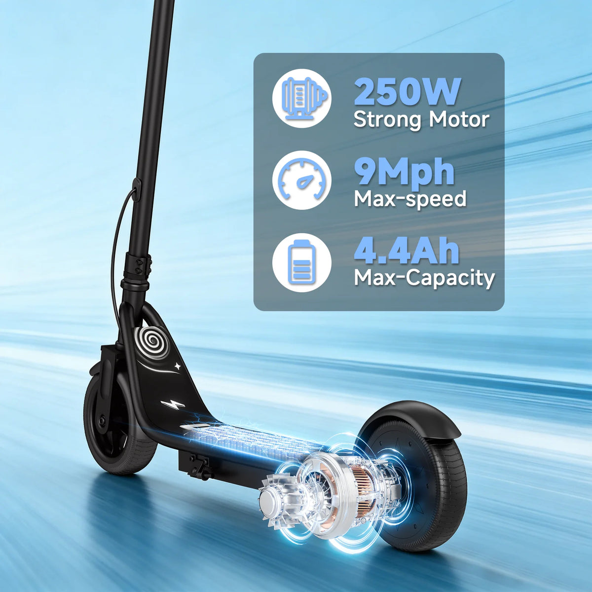 Black Ladped electric scooter with 8.5-inch tires and overlaid icons highlighting 250W motor and battery specs.