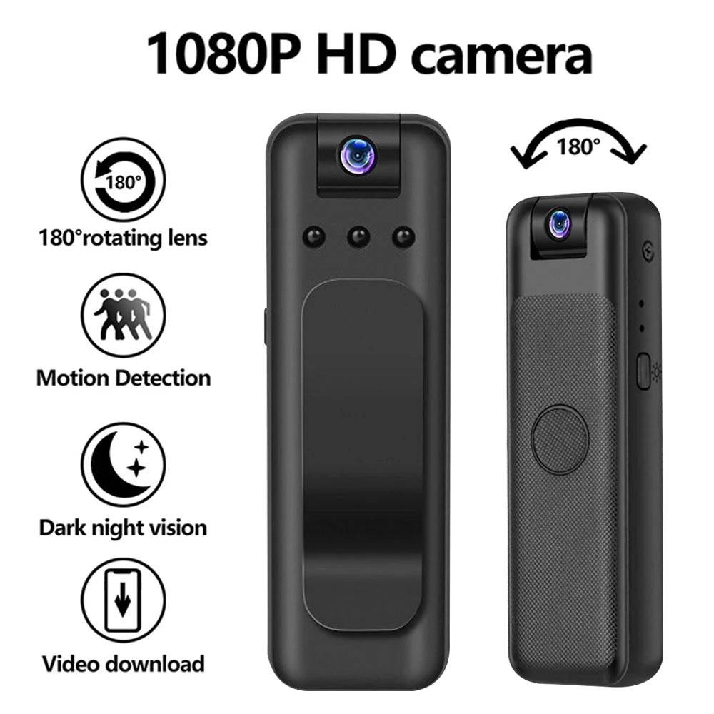 Black rectangular portable plastic camera with 180-degree rotating lens, motion detection, and night vision.