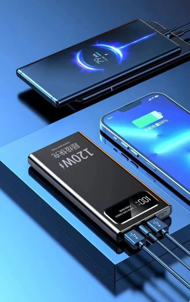 Sleek black 20000mAh portable power bank with a digital battery display and multiple charging cables connected to a phone.