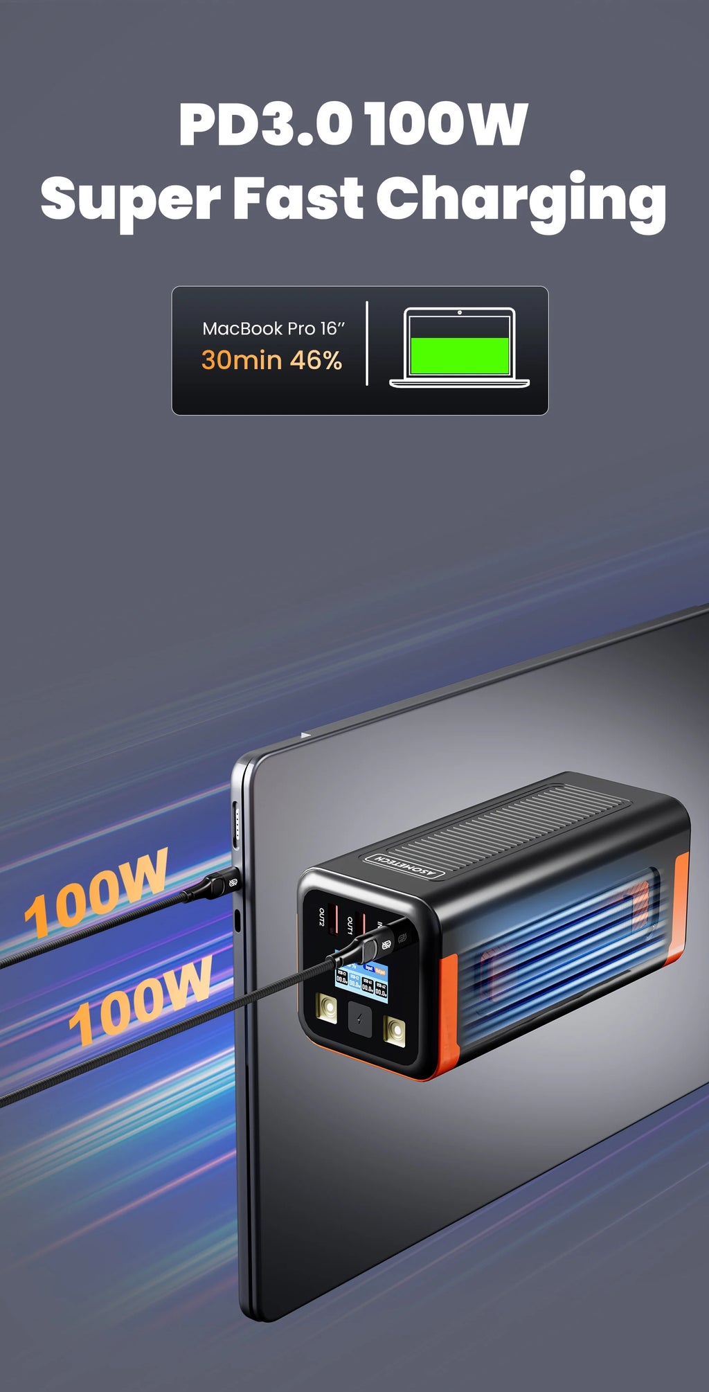 Black and orange 50000mAh 100W portable power bank with a digital display, charging a laptop via fast USB-C ports.