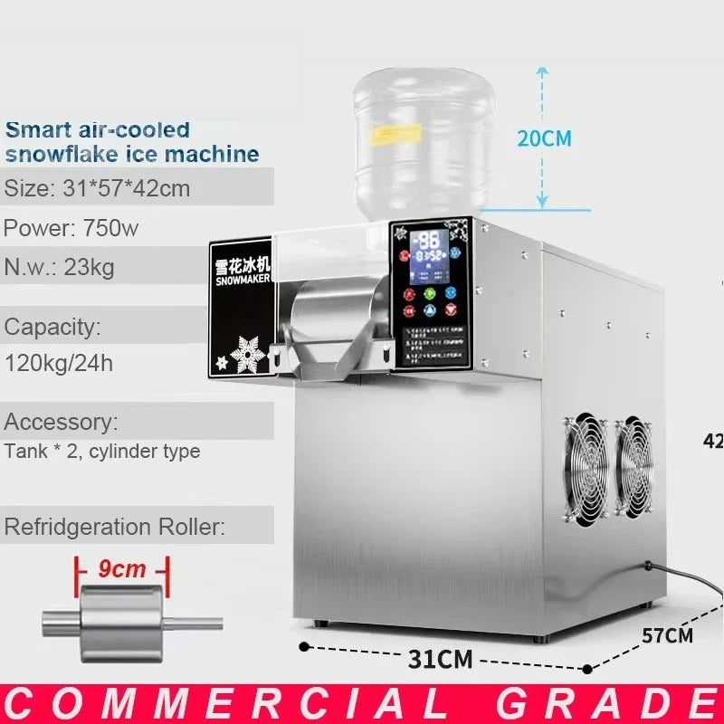 Stainless steel commercial snowflake ice machine with a top water bottle, digital display, and side cooling fans.