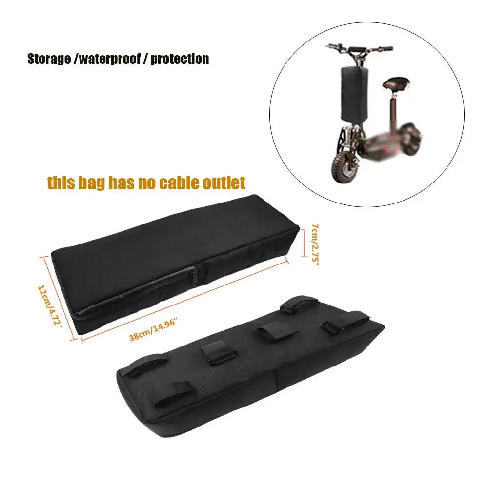 Black rectangular electric scooter battery storage bag with zipper and mounting straps.