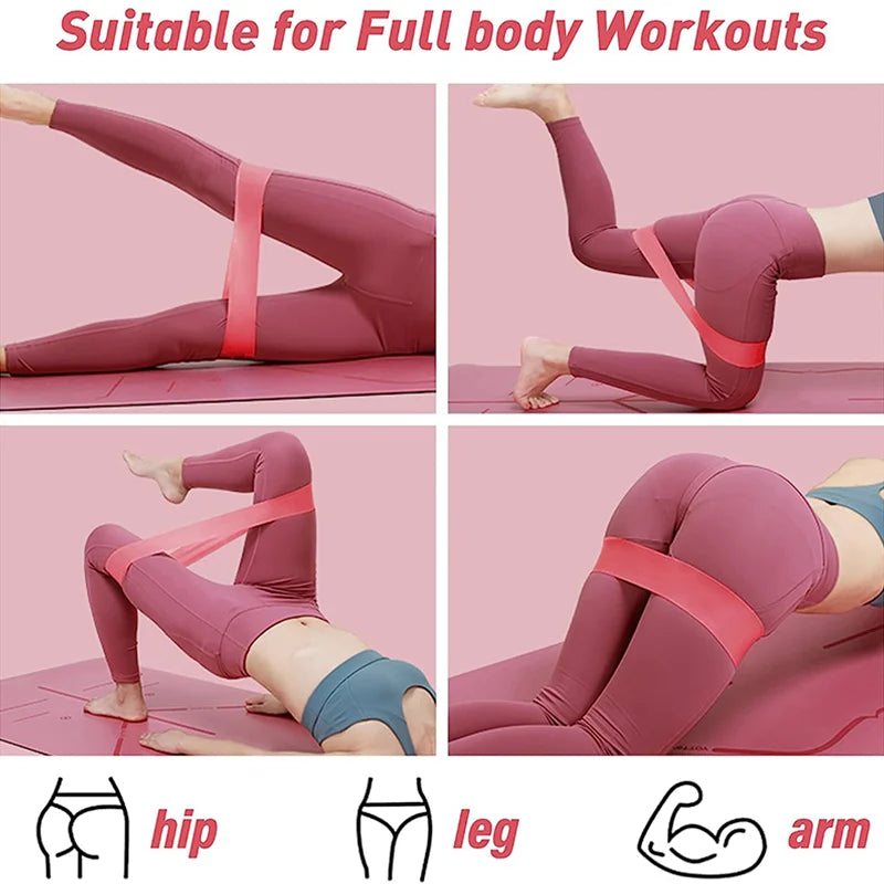 Four photos showing a person in pink leggings using a coral resistance band for various exercise poses on a mat.