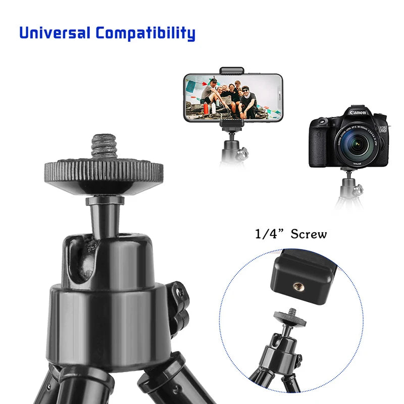 Black mini tripod with adjustable ball head and 1/4" screw, compatible with smartphones and cameras.