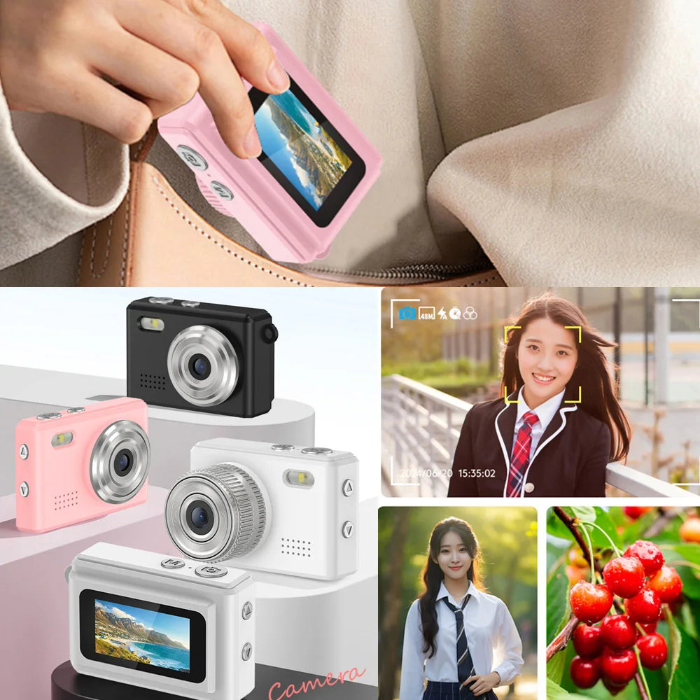 Compact digital cameras in black, pink, and white plastic, featuring an LCD screen, lens, flash, and menu buttons.