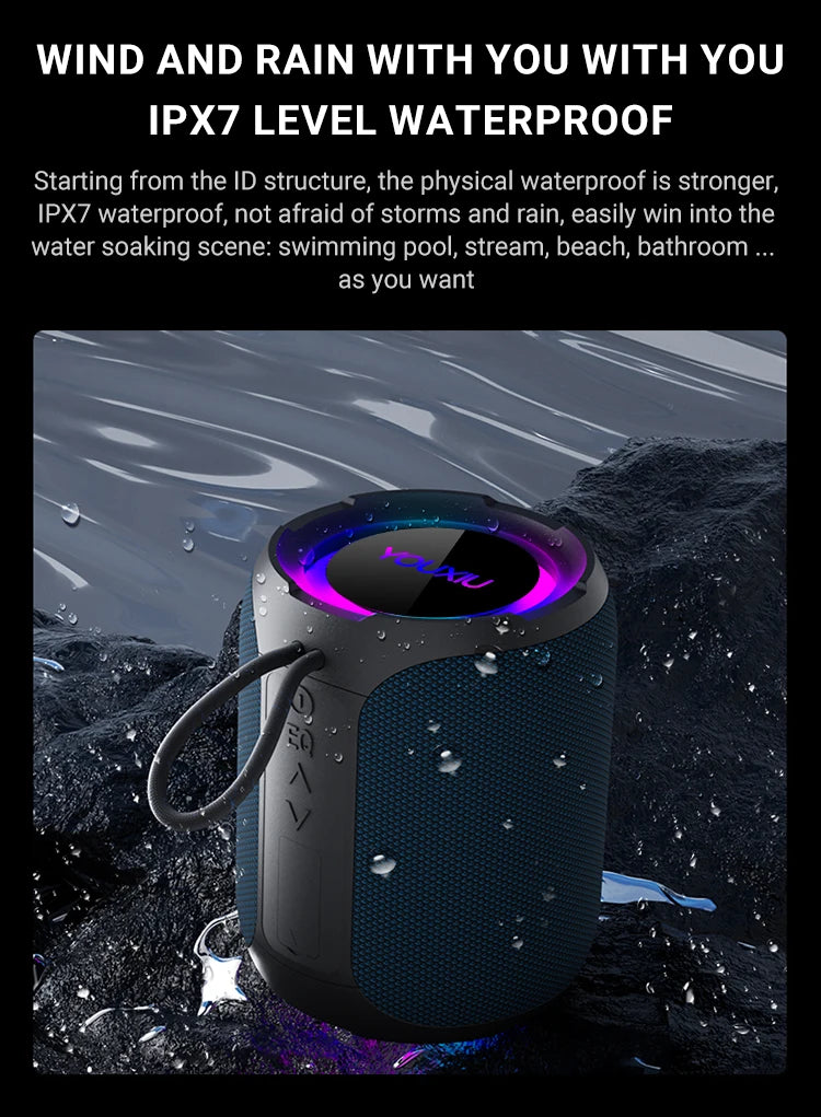 Compact dark blue waterproof Bluetooth speaker with a carry loop and glowing purple LED light ring.