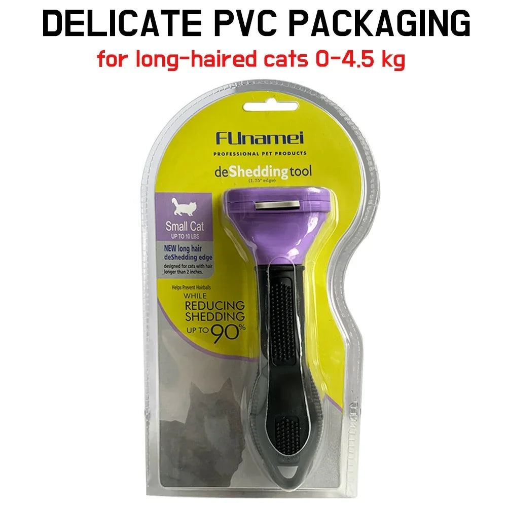Funamei purple and black deshedding tool for small, long-haired cats in plastic retail packaging.