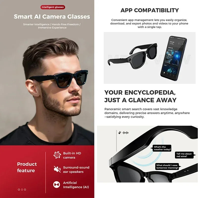 Black smart AI glasses with HD camera and integrated audio, shown on a person and connected to a smartphone app.