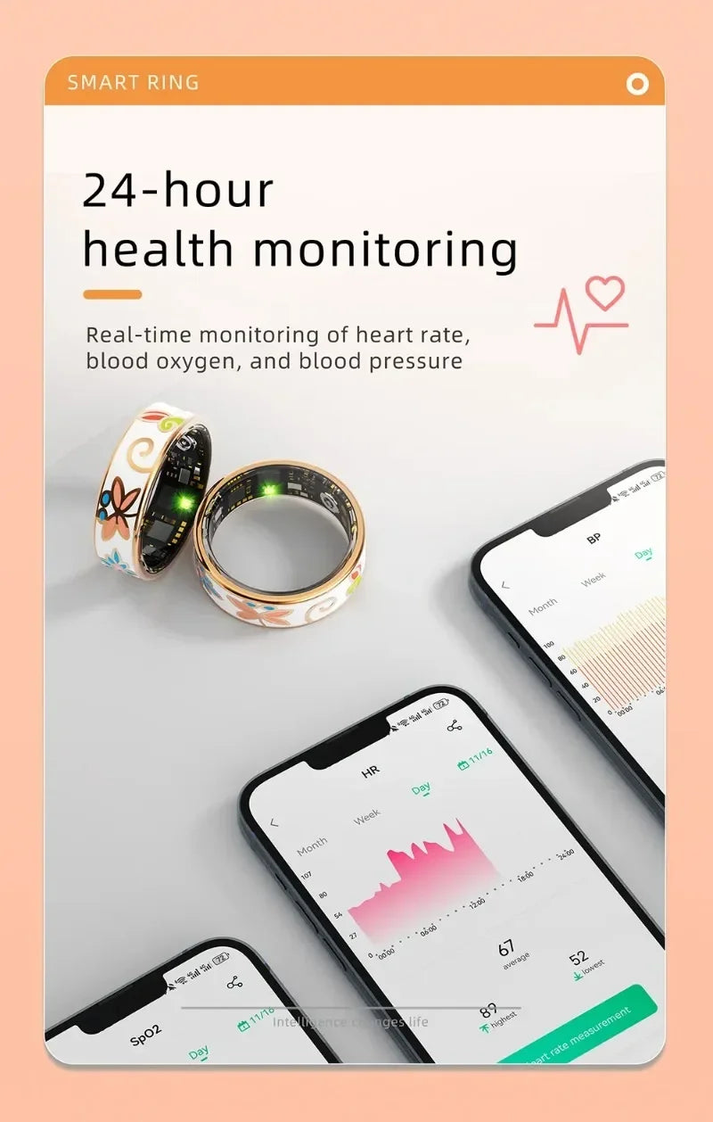 Two white smart rings with colourful floral patterns next to smartphones displaying health tracking data and heart rate.