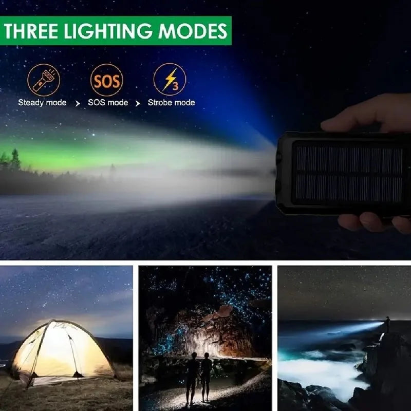 Black solar power bank with built-in torch. Displays three lighting modes: steady, SOS, and strobe for night-time use.