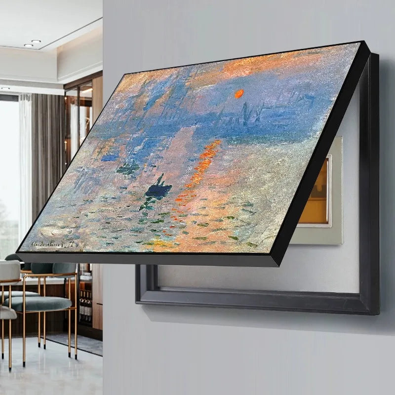 Hinged black-framed wall art cover featuring an Impressionist sea sunset, hiding a utility meter box on a grey wall.