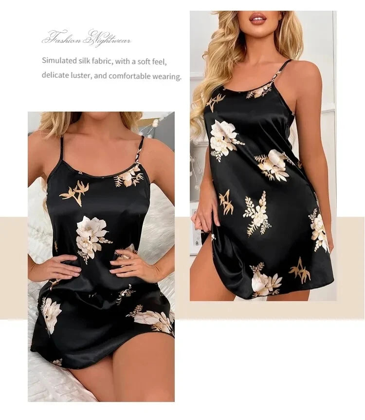 Black satin camisole nightdress with elegant beige floral print, featuring thin straps and a soft, lustrous finish.