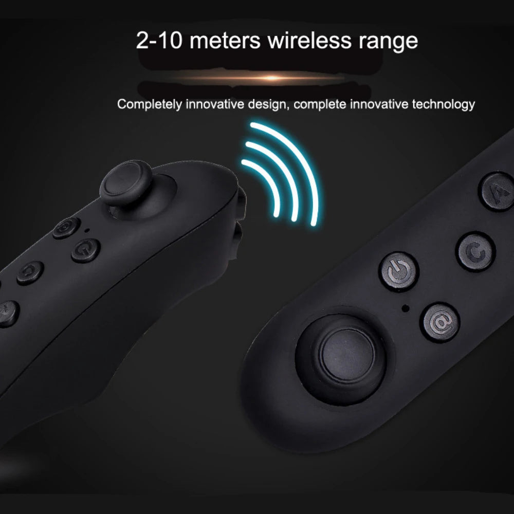 Black wireless VR remote controller with analogue joystick and function buttons, featuring 2-10 metre connectivity range.